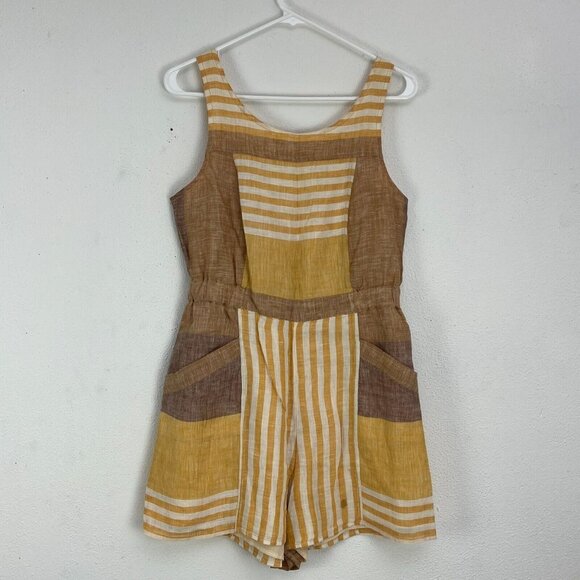Ett Twa Anthropologie Pants - Anthropologie Ett Twa Linen Wesley Striped Romper Size 8 Brown/Yellow Pockets